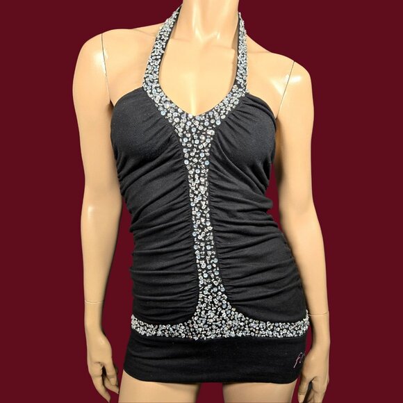 Y2K Trashy Mcbling Halter Top Size S Black Sequin Beaded Ruched Sleeveless - Picture 1 of 9